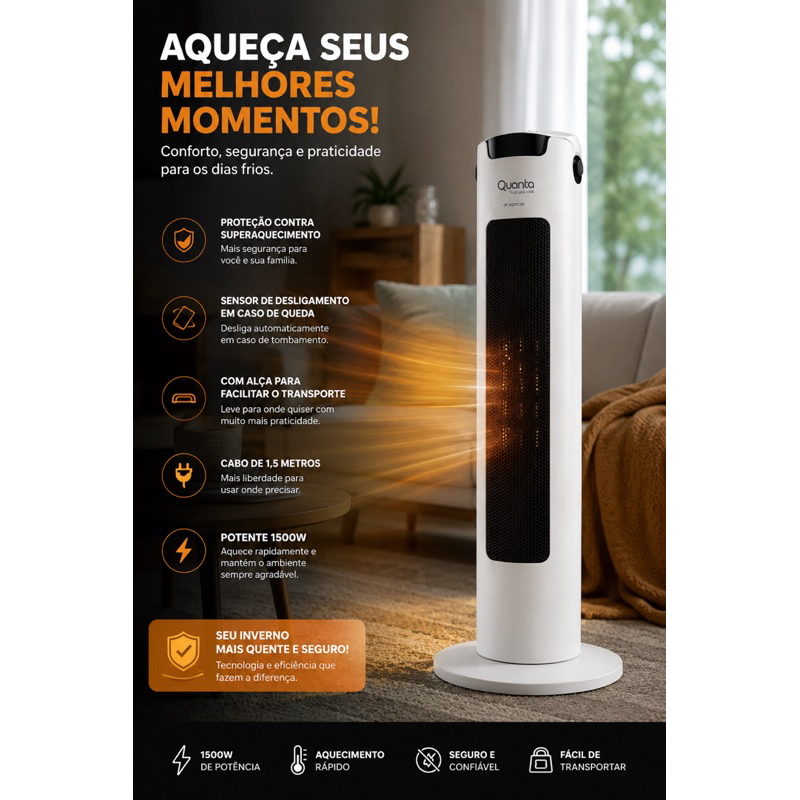 Aquecedor Elétrico Torre Quanta 1500W Portátil com Proteção e Desligamento Automático