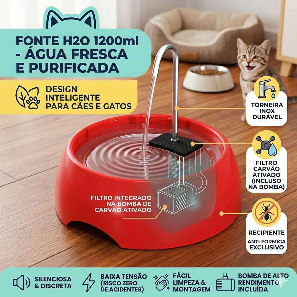 FONTE BEBEDOURO 1200ML COM FILTRO DE CARVÃO ATIVADO