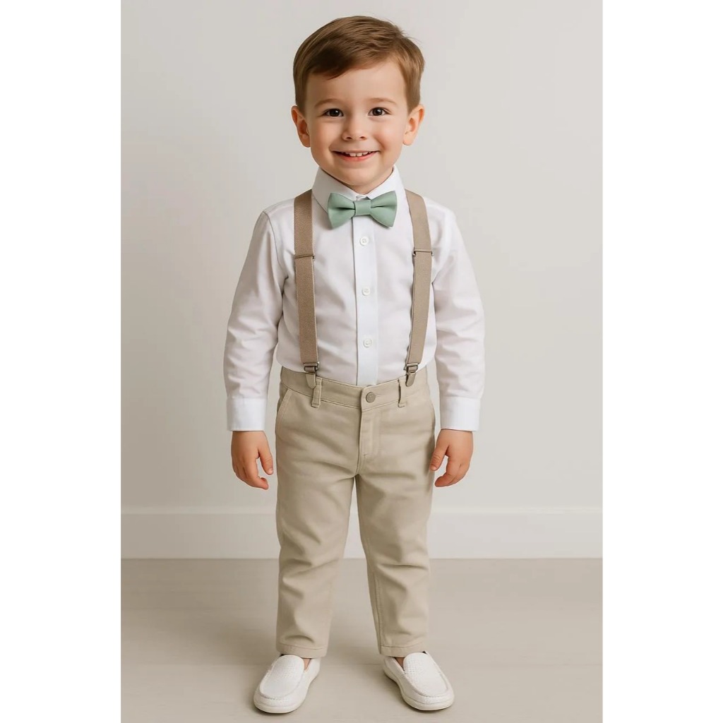 Calça Nude com Camisa Branca com Gravata Verde e Suspensório Nude Infantil