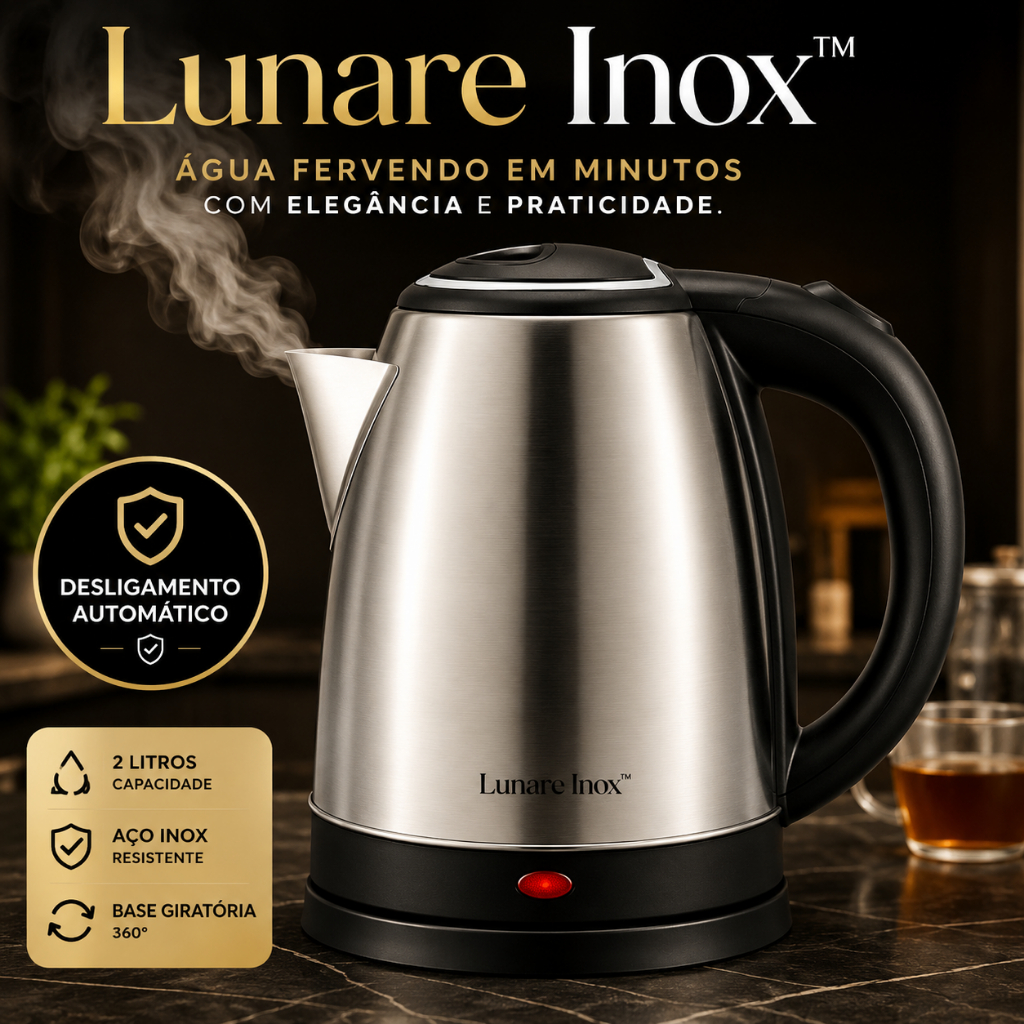 Chaleira Elétrica Lunare Inox™ 2 Litros 127V em Aço Inoxidável | Aqueci Rápido + Deslig automatico