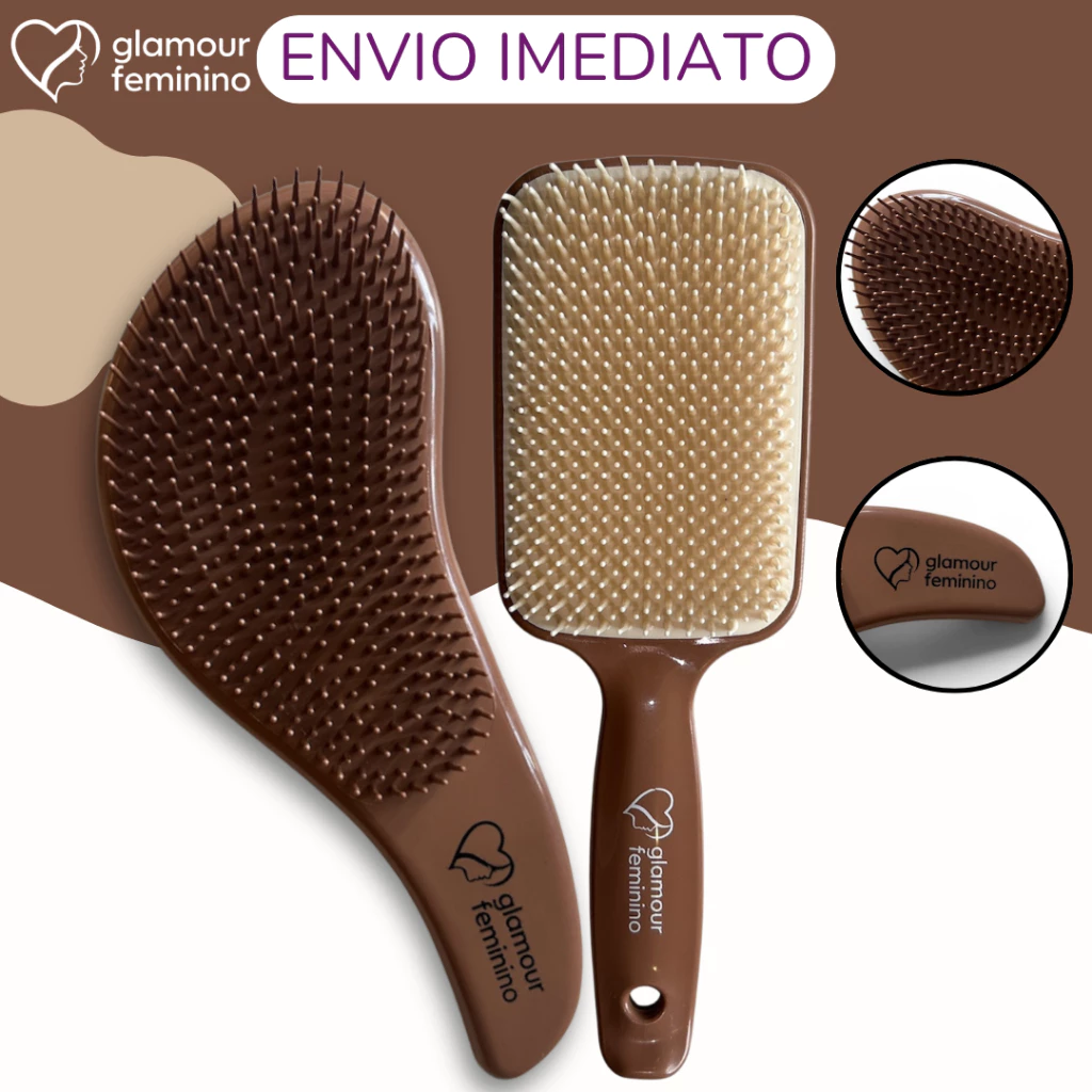 Kit 1 Escova Raquete Premium + 1 Escovas Mágicas Premium - Anti Frizz - De Desembaraçar Cabelo - Glamour Feminino — imagem 1
