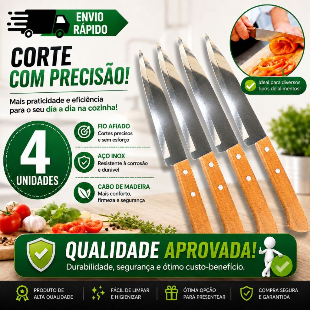 FACAS DE COZINHA PARA CARNE LEGUMES PEIXEIRA DE INOX 6 '' CABO MADEIRA