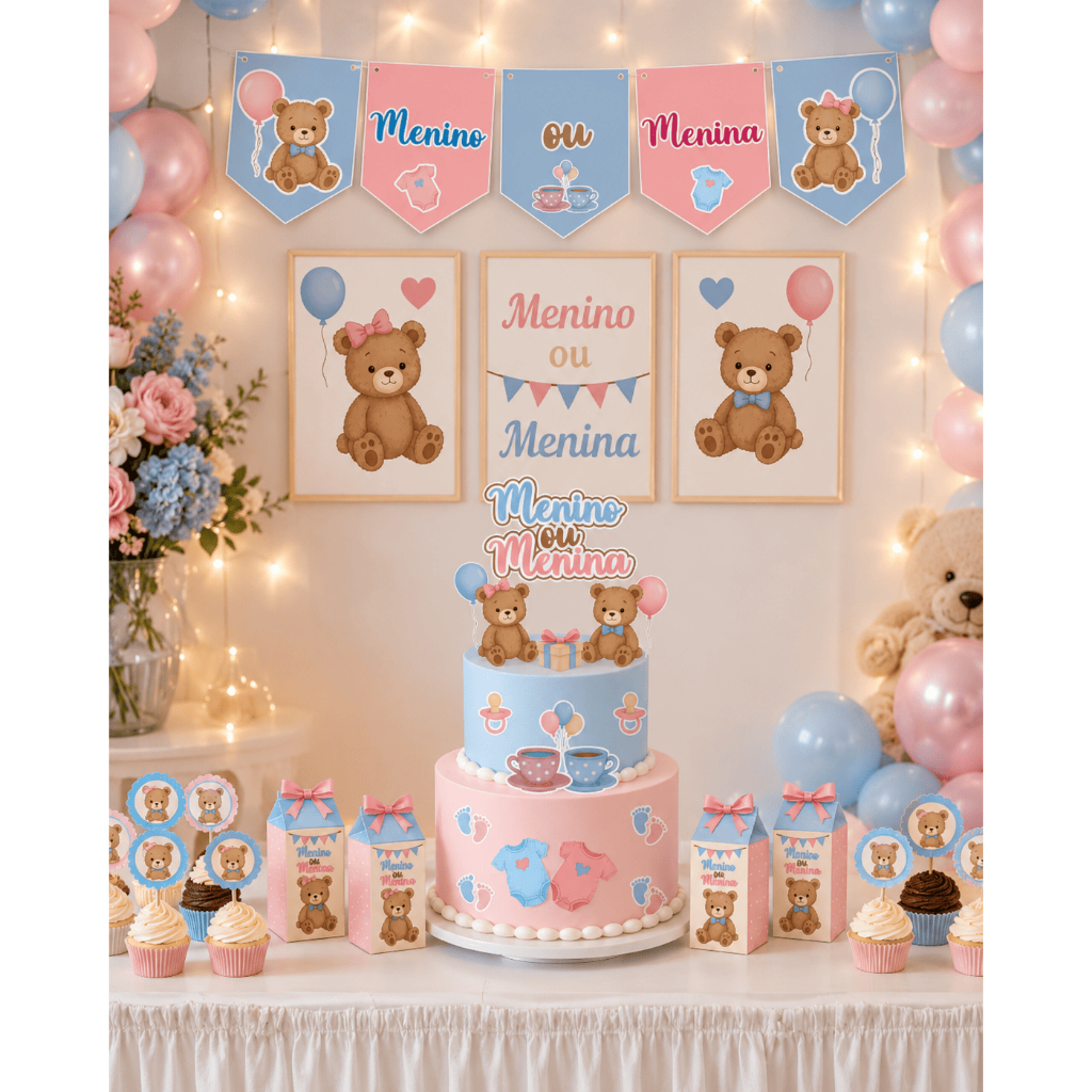 Kit festa chá revelação personalizado ursinhos com 45 peças - chá revelação - topo chá revelação