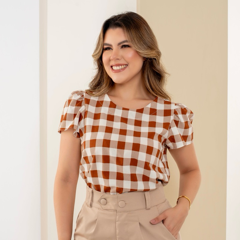 Blusa Xadrez Feminina Básica para trabalho, festas ou fardamento, no crepe