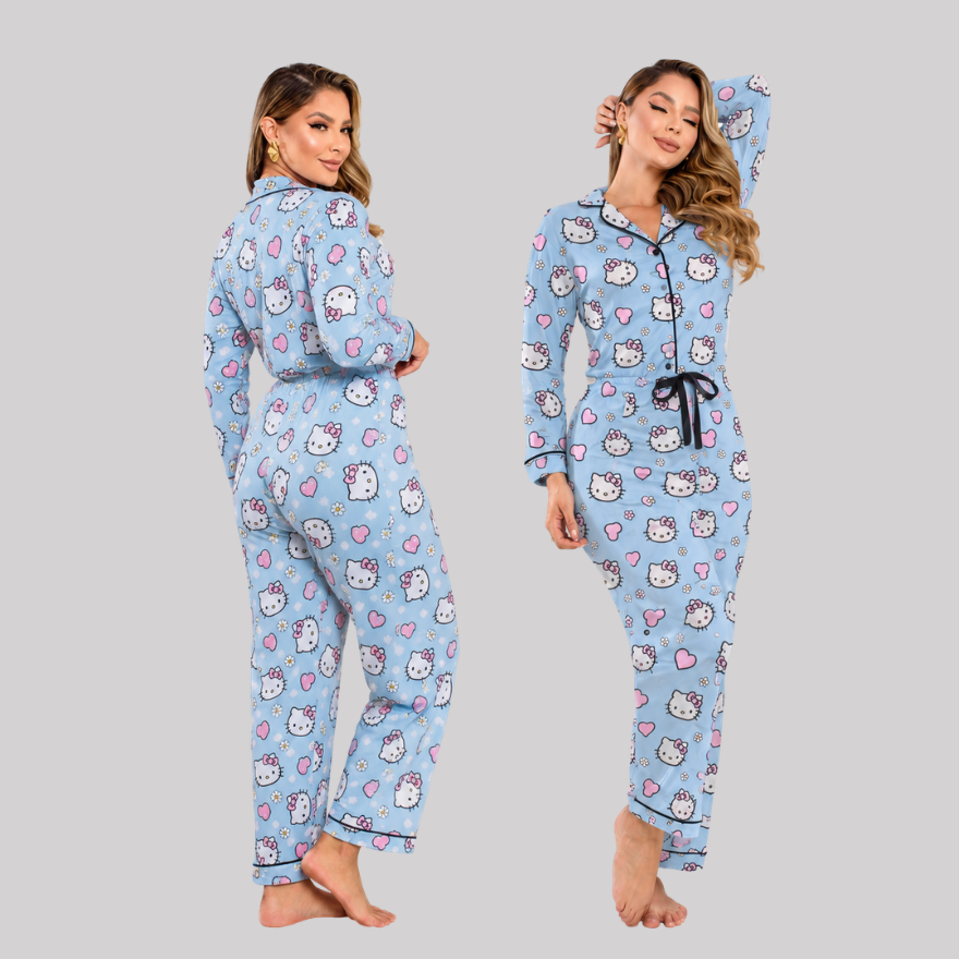Pijama Americano Longo Hello Kitty Luxo de Botão Calça Mang Maternidade Pós Operatório