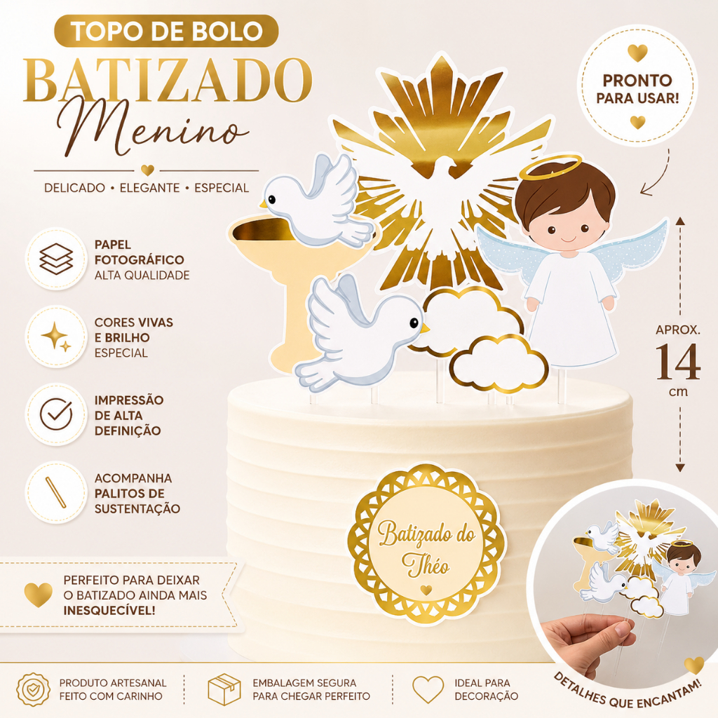 Topo de bolo Batizado personalizado menino/Topper de bolo Batizado/Decoração de bolo anjinho