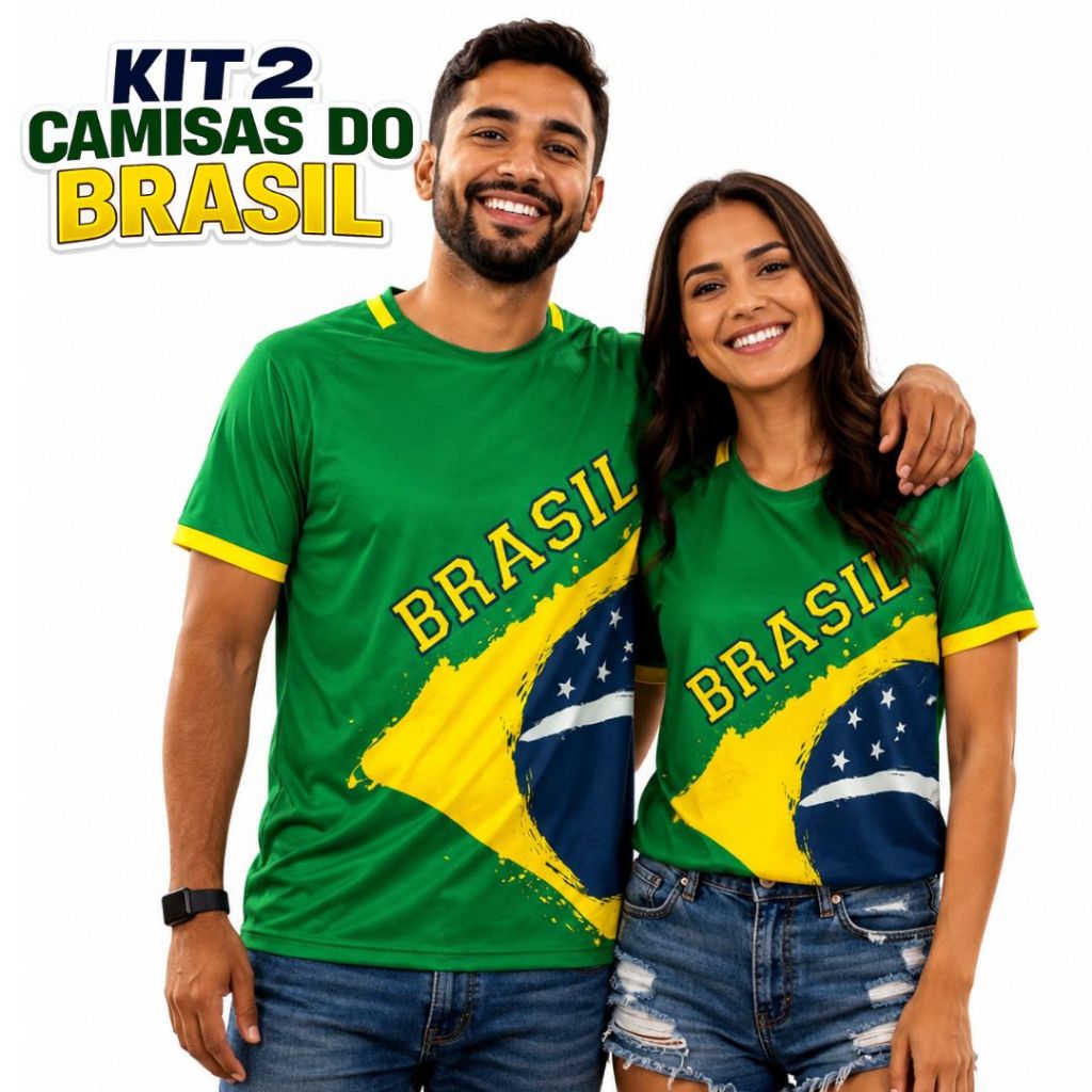 Kit 2 Blusa Brasil Copa 2026 Personalizada Bandeira Do Brasil 100% Poliéster Unissex Torcida Patriota Brasil
