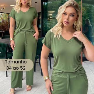 Conjunto Feminino Blusa Gola V e Calça Pantalona Tecido Viscolycra Premium