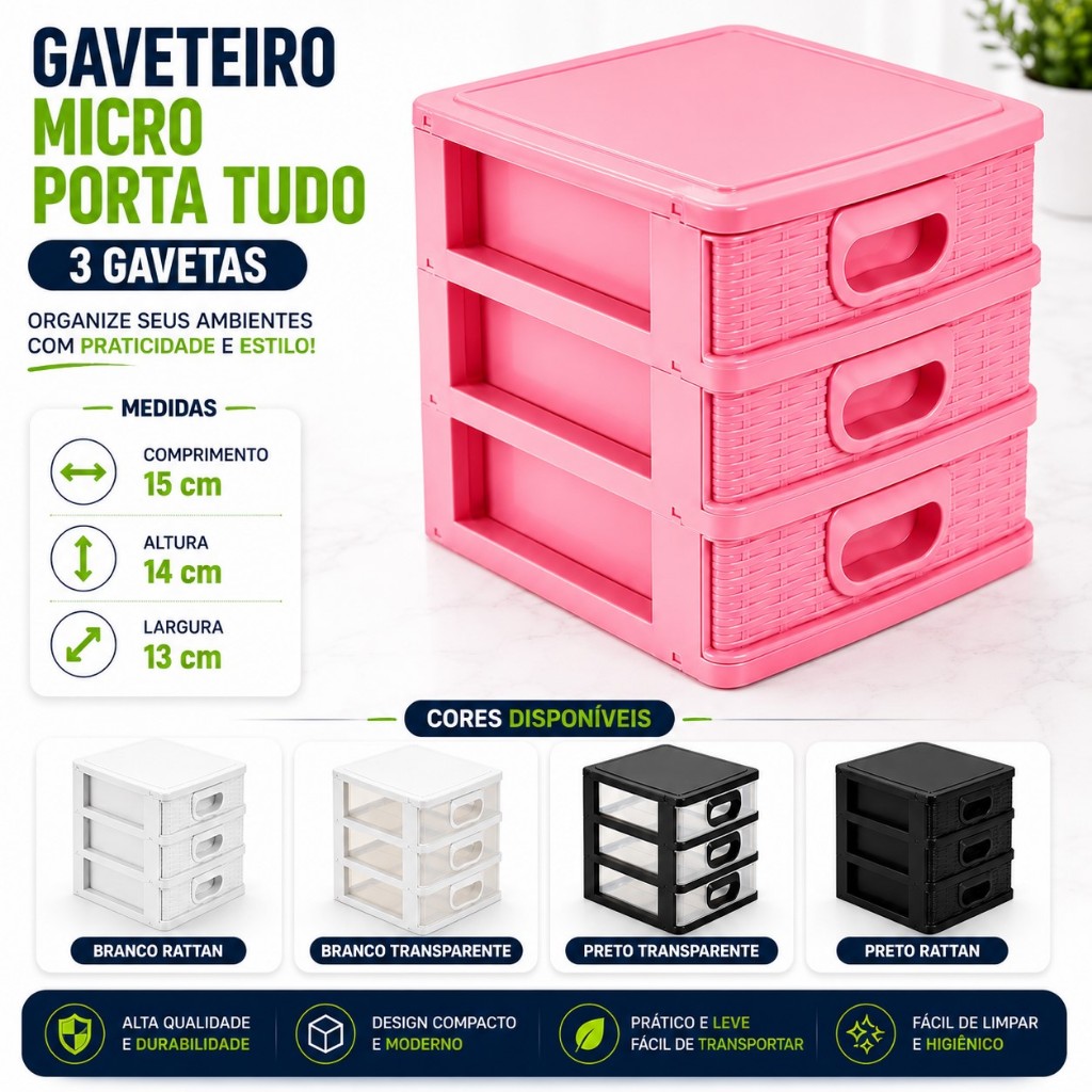 OFERTA Gaveteiro 15 x 13 x 14 cm Para Casa Mini Porta Tudo 3 Gavetas P