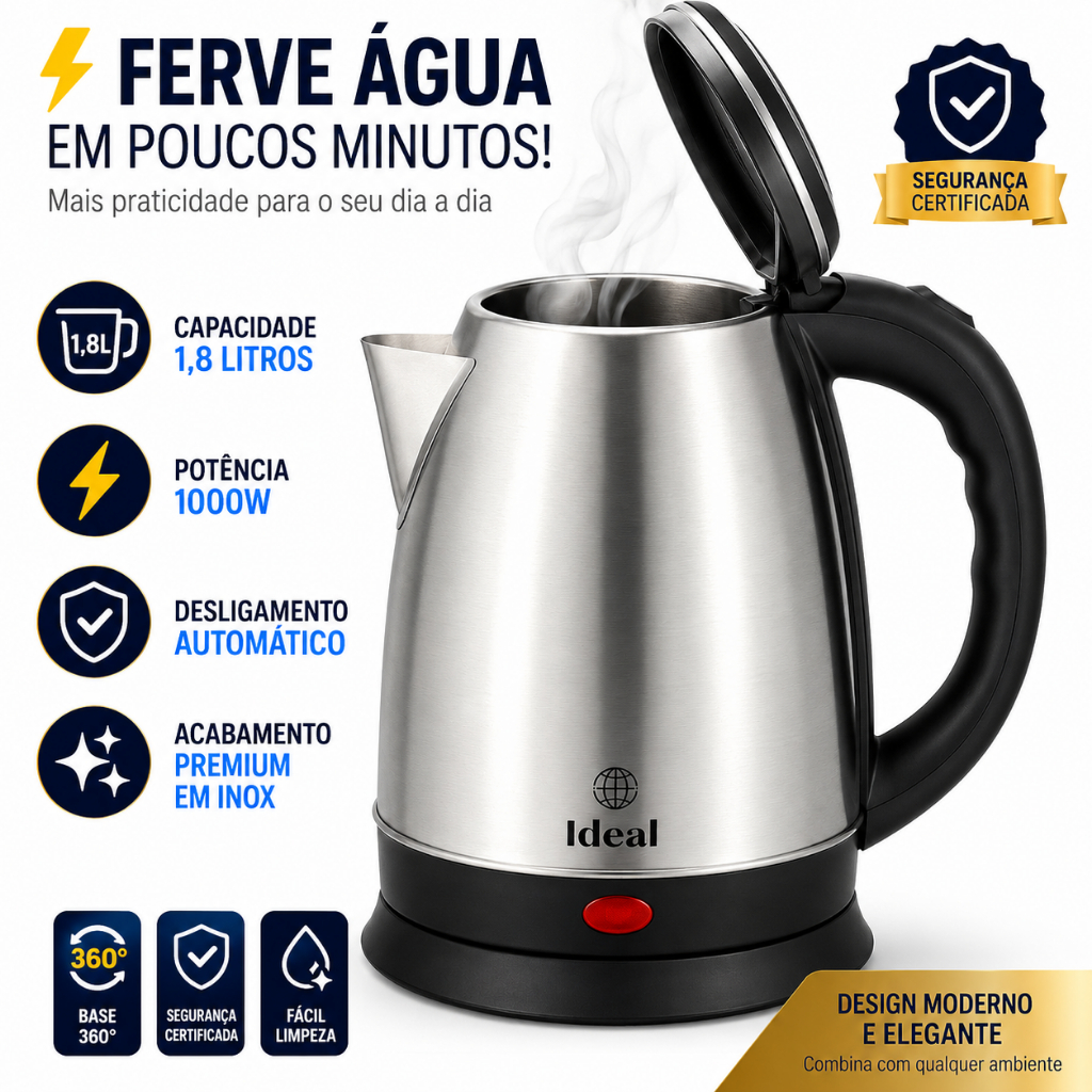 Chaleira Eletrica 1,8L Inox 1000W 127V Aquecimento Rápido Ferver Desligamento Automático Segura