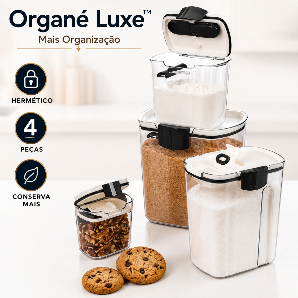 Kit 4 Potes Herméticos Organizador Cozinha Porta Mantimentos Dispenser Açúcar Grãos Transparente