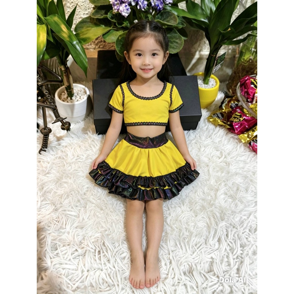 Saia Infantil Feminina, Malha Helanca Rodada, Amarela com Detalhe Preto Brilhante, Tam: 3, Marca: Dmbauer