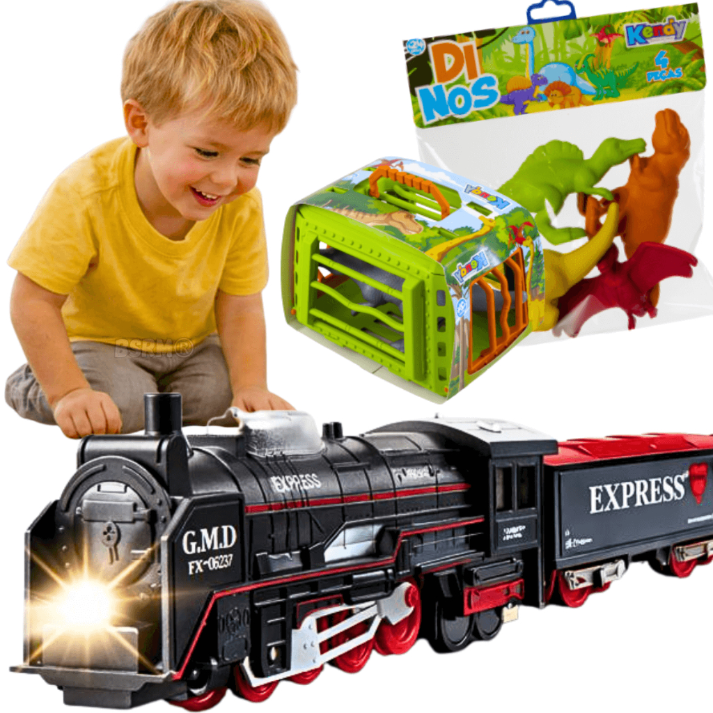 Kit Trem De Brinquedo Elétrico Locomotiva Com Pista Grande Trilhos E Vagões ferrovia + dinossauros