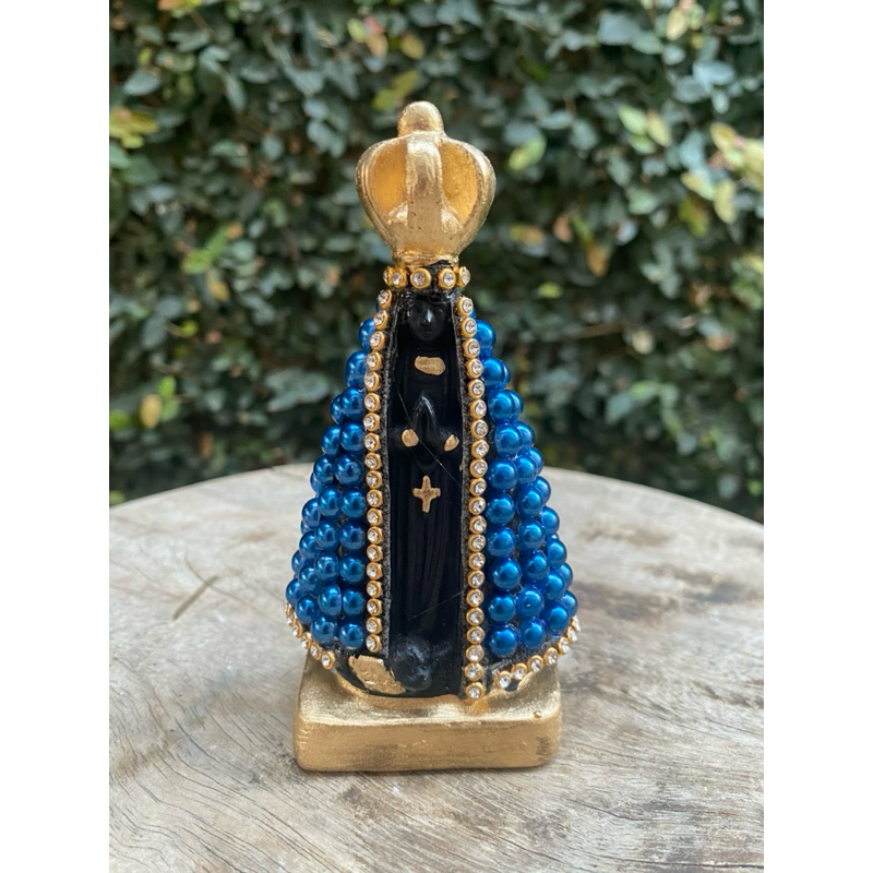 Imagem Nossa Senhora Aparecida 10cm em Gesso com Pérola Azul, Strass e Acabamento Premium