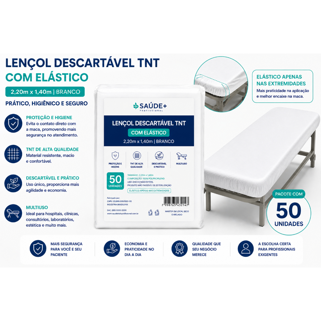 50un - Lençol Descartável TNT Casal C/ Elástico Branco 2,20x1,40m