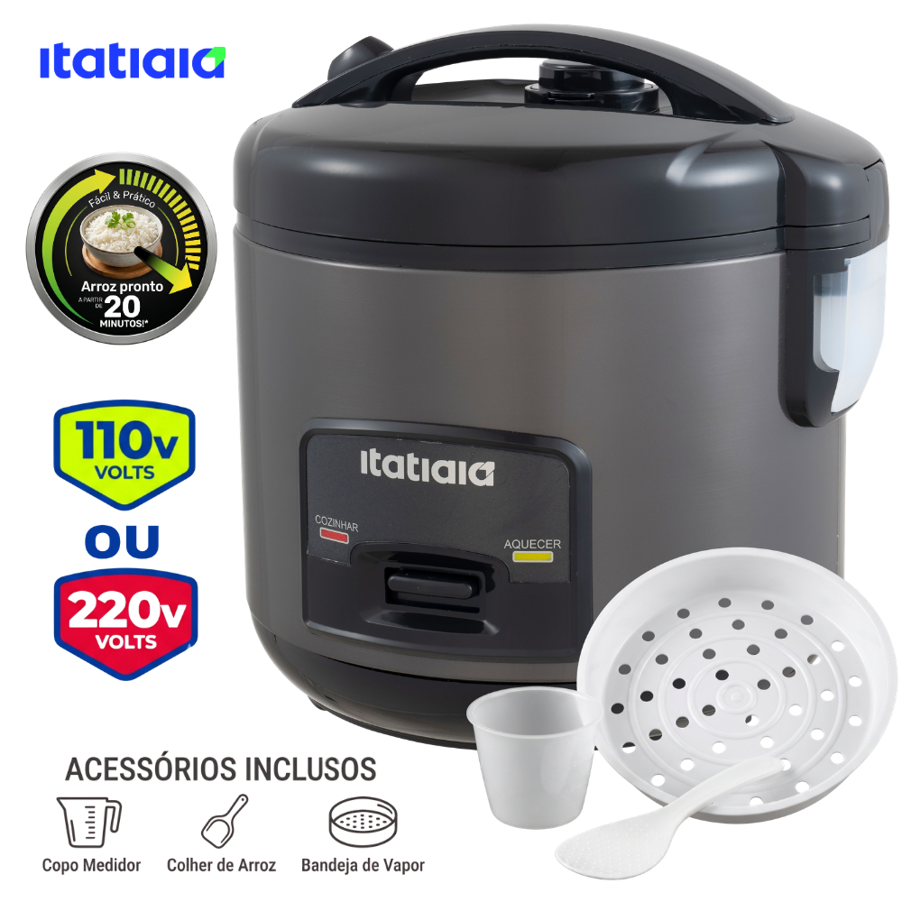 Panela de Arroz Elétrica 5 Xícaras 110v ou 220v Itatiaia Pequena Preta Antiaderente 400w