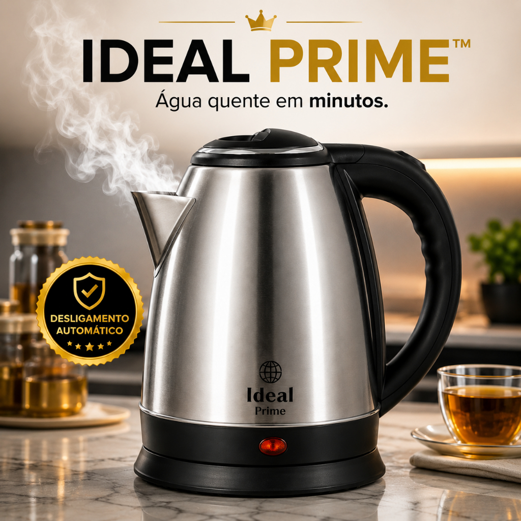 Chaleira Elétrica Inox 1,8L 1000W Aquecimento Rápido Deslig Automático Base 360° 127V Ideal Prime