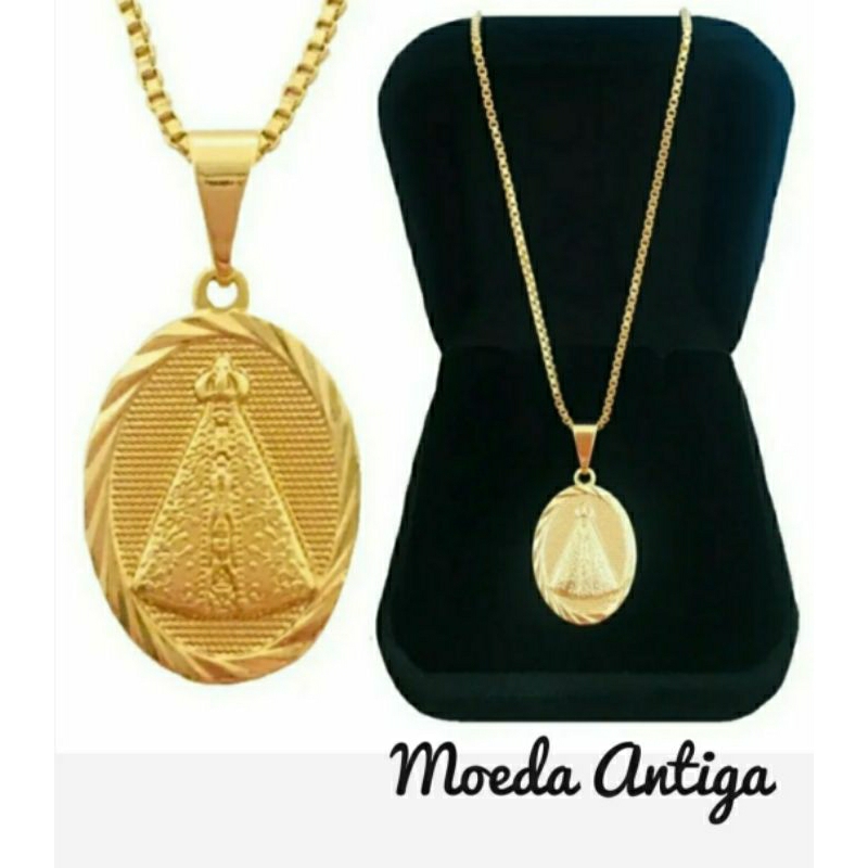 Cordão Moeda Antiga Medalha Nossa Senhora Corrente Veneziana 45 cm.