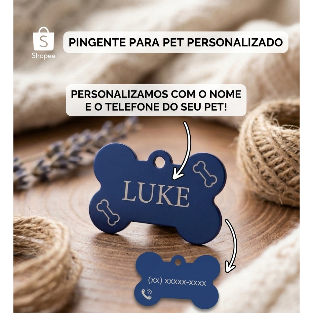 Placa de Identificação Pet Plaquinha Pingente personalizado Cachorro Cão Gato - Cor Azul 3,7 x 2,5cm
