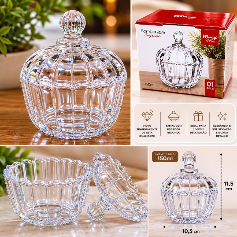 Bomboniere de Vidro Cayenne 150ml com Tampa Wincy Casa Porta Bombons Balas e Decoração
