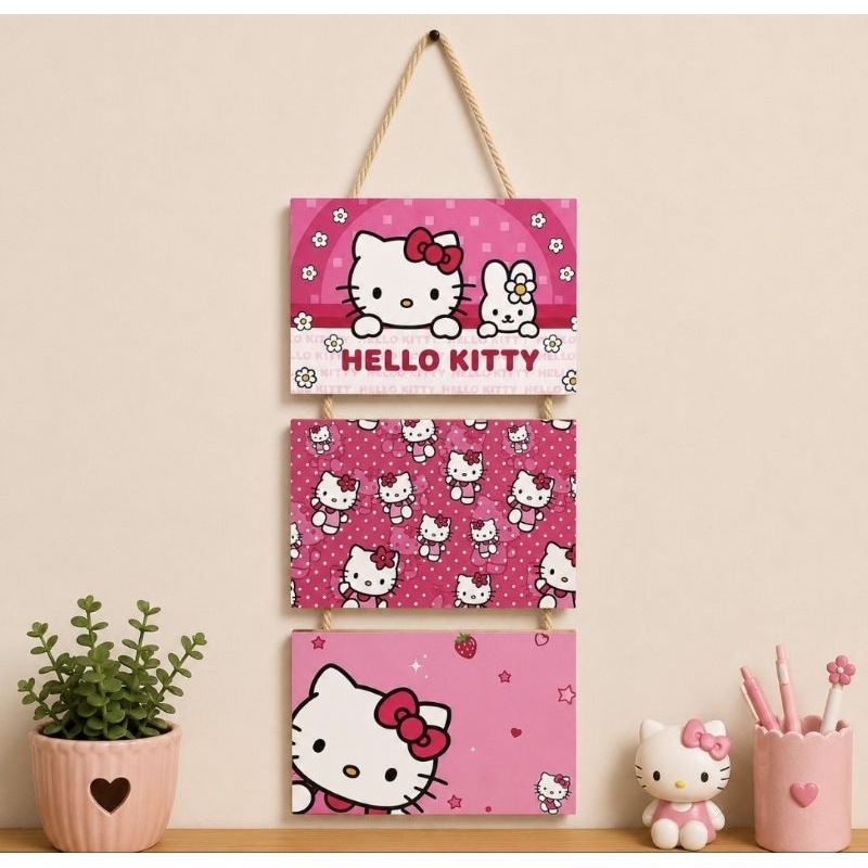 Kit 3 Placas Decorativas Hello Kitty MDF 10x15cm Com Corda Sisal Pronto Para Pendurar