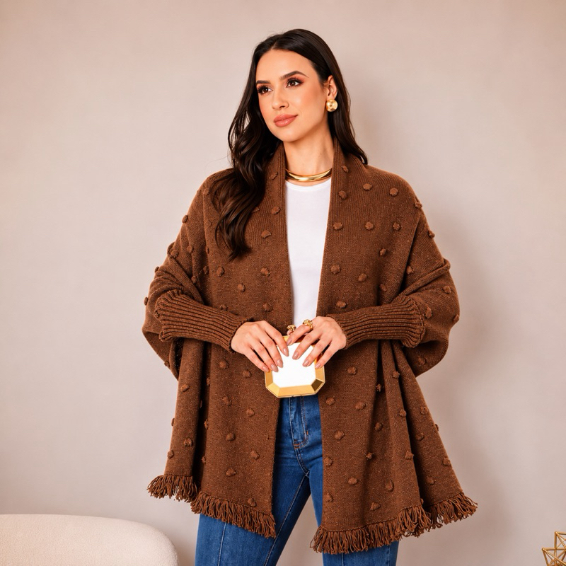 Capa Poncho Tricot Feminino Inverno Moda Tendência Elegante Xale com Franjas Boho Chic Plus Size