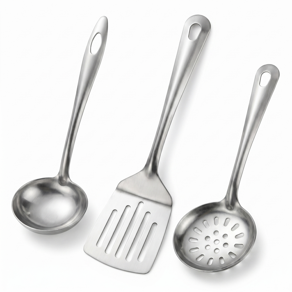Kit Home Line: Espátula Inox Vazada Prateado + Escumadeira Inox Prateado + Concha Inox Prateado