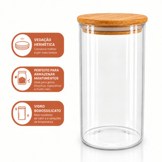 Pote De Vidro Hermético 950ml Tampa Bambu Organizador Mantimentos Açucar Macarrão