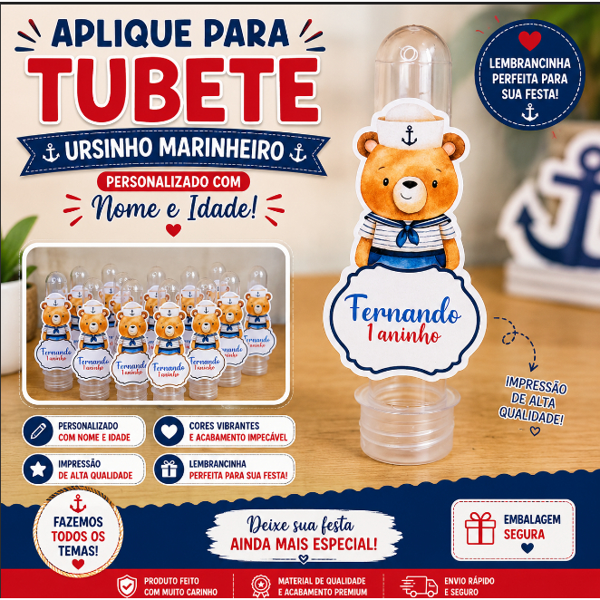 Aplique Tubete Ursinho Marinheiro Personalizado Lembrancinha Aniversário Infanti