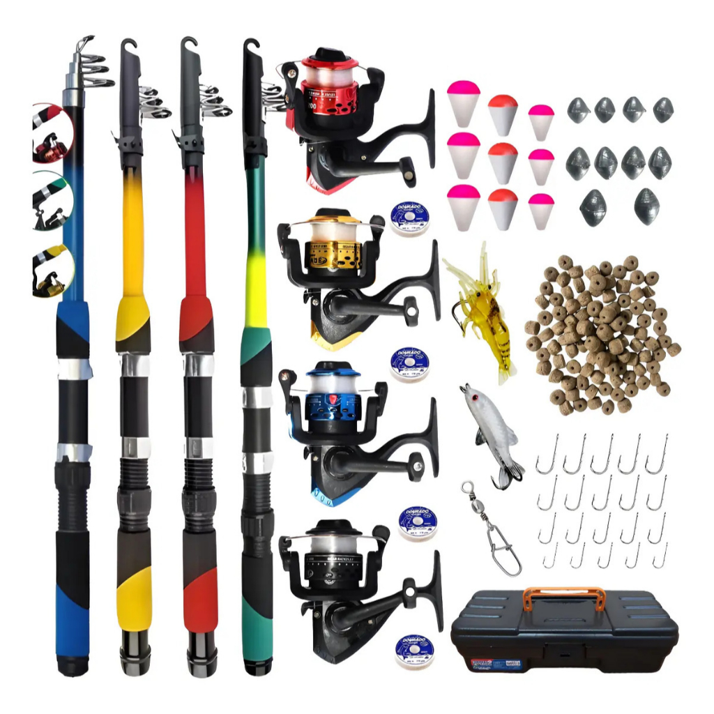 Kit Pesca Completo 4 Varas Telescópica + 4 Molinetes + Iscas