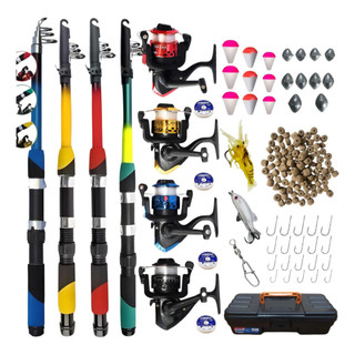 Kit Pesca Completo 4 Varas Telescópica + 4 Molinetes + Iscas