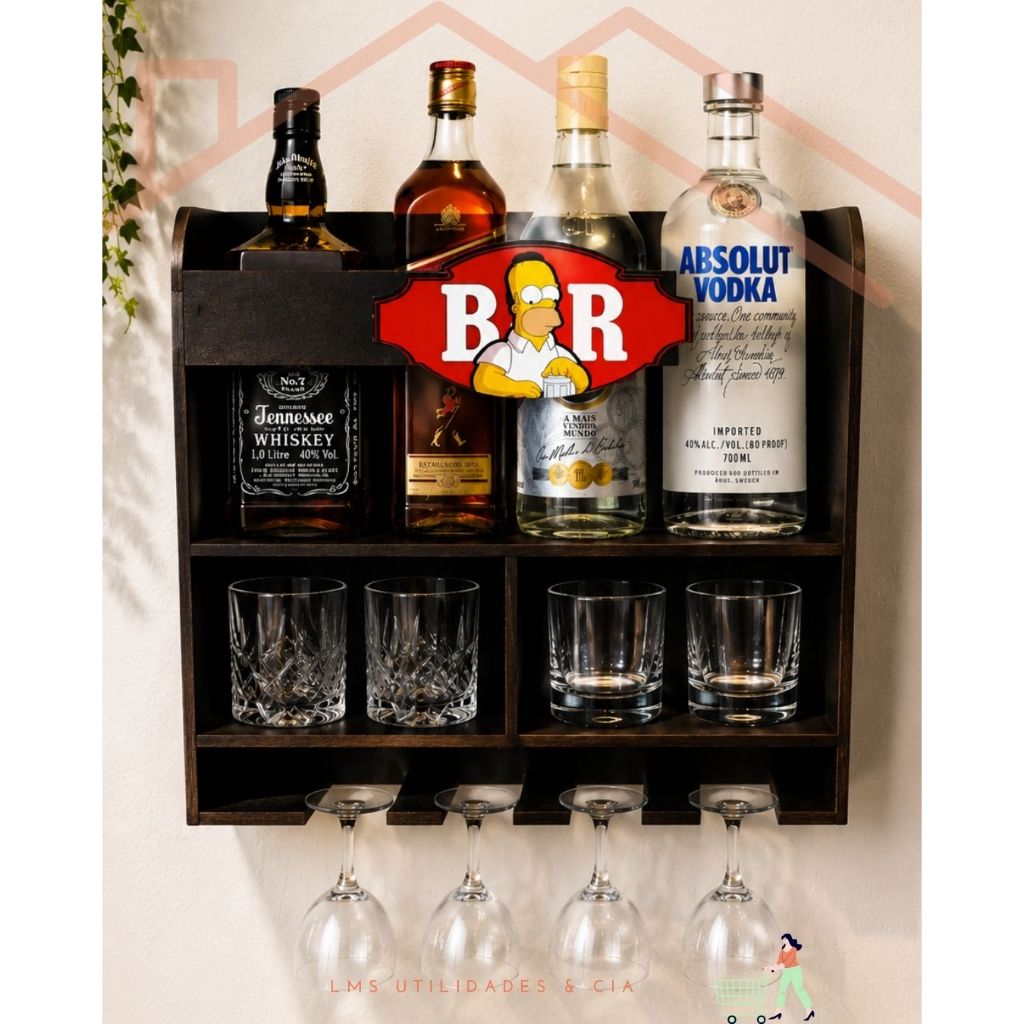 Bar de Parede Homer Simpson Porta Garrafas Taças e Copos Decorativo Área Gourmet MDF Premium