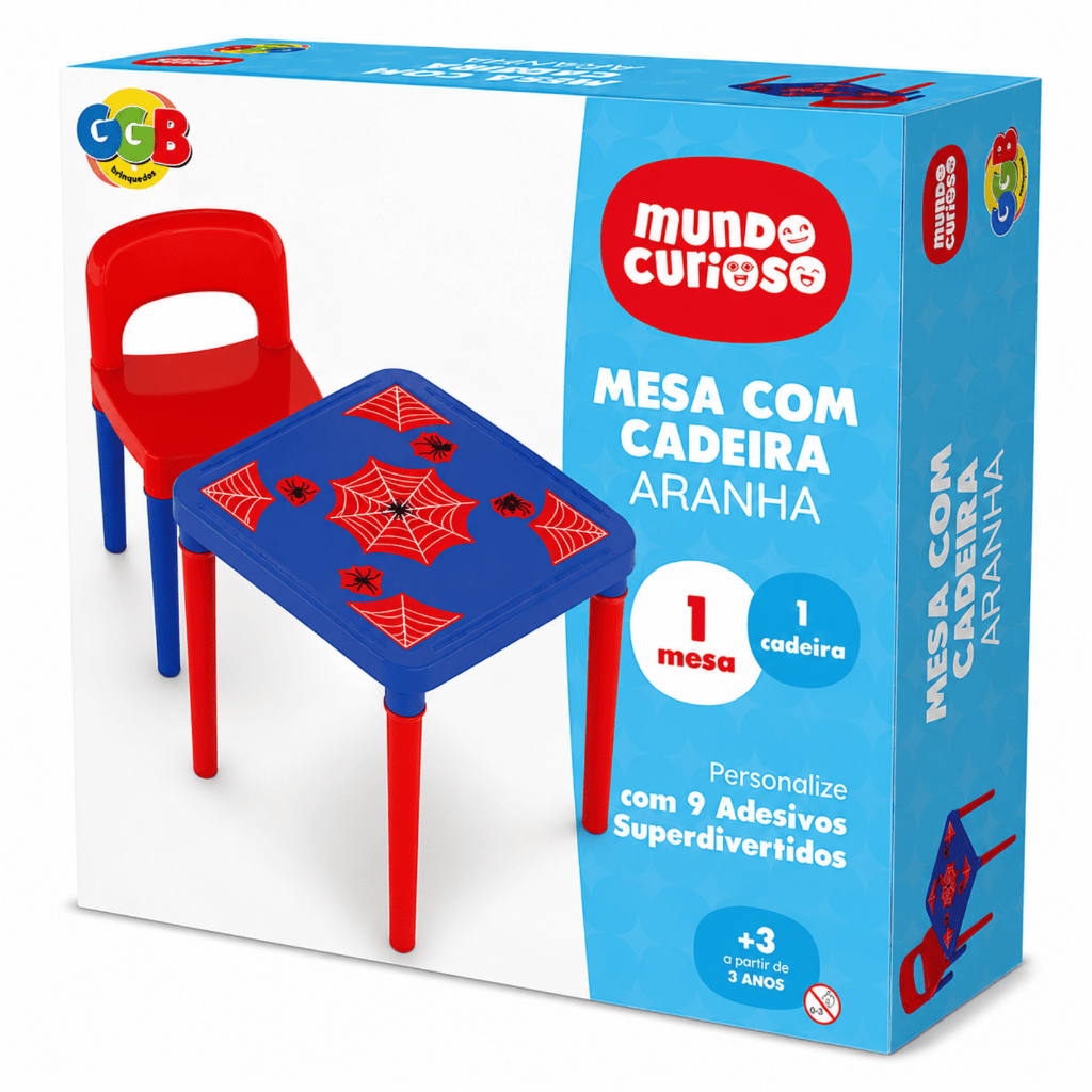 Mesa Infantil Com Cadeira Aranha Mundo Curioso Personalizável Com 9 Adesivos Temáticos
