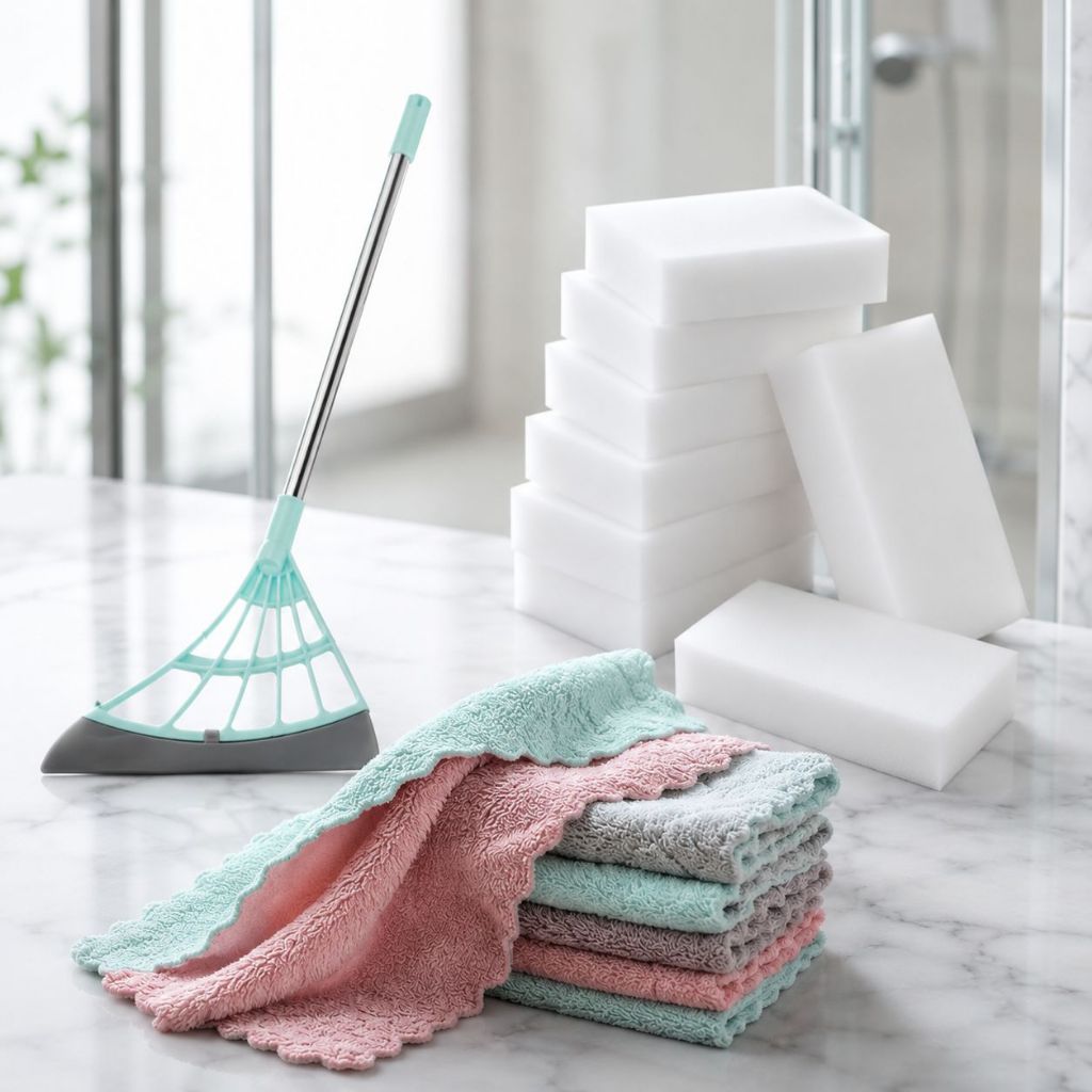 Kit Limpeza 21 Peças Rodo Magico Panos De Micro Fibra Esponjas Magicas Limpa Vidro Espelhos Box