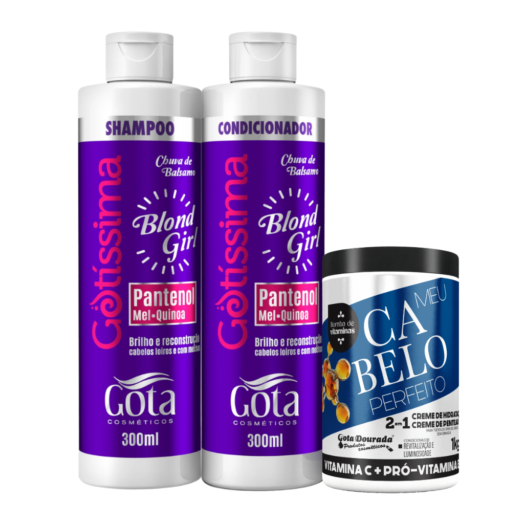 Kit Gota Dourada Blond Girl Shampoo e Condicionador 300ml e Creme 2 em 1 Cabelo Perfeito Vitamina C 1Kg