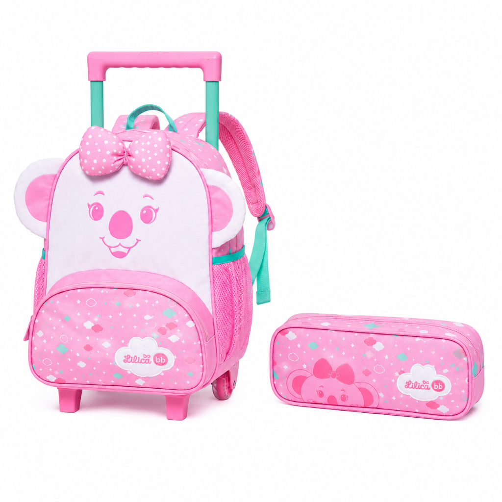 Kit Mochila de Rodinha Lilica Ripilica Koala Luxo Rosa Com Estojo Escolar Infantil Feminino Estudo
