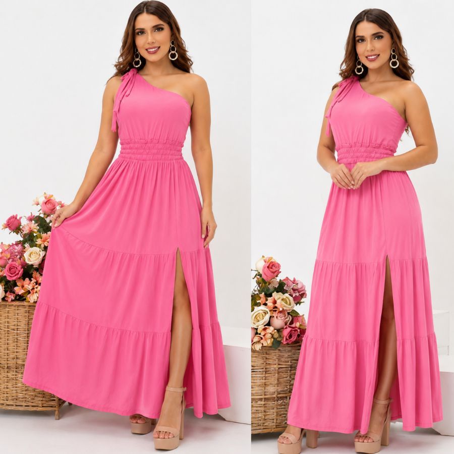 Vestido Adulto Ombro Só Detalhe Lastex Babado Longo Festa Madrinha Casamento Formatura Batizado
