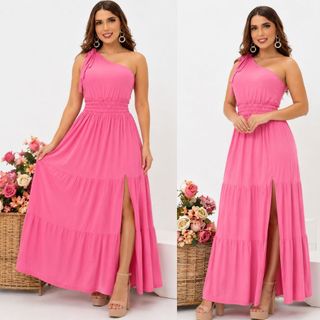 Vestido Adulto Ombro Só  Detalhe Lastex Babado  Longo Festa Madrinha Casamento Formatura Batizado