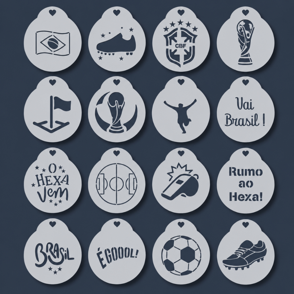 Kit 16 Stencil Infantil Futebol Copa do Mundo Hexa Brasil Bola Moldes Vazados para Pintura Facial