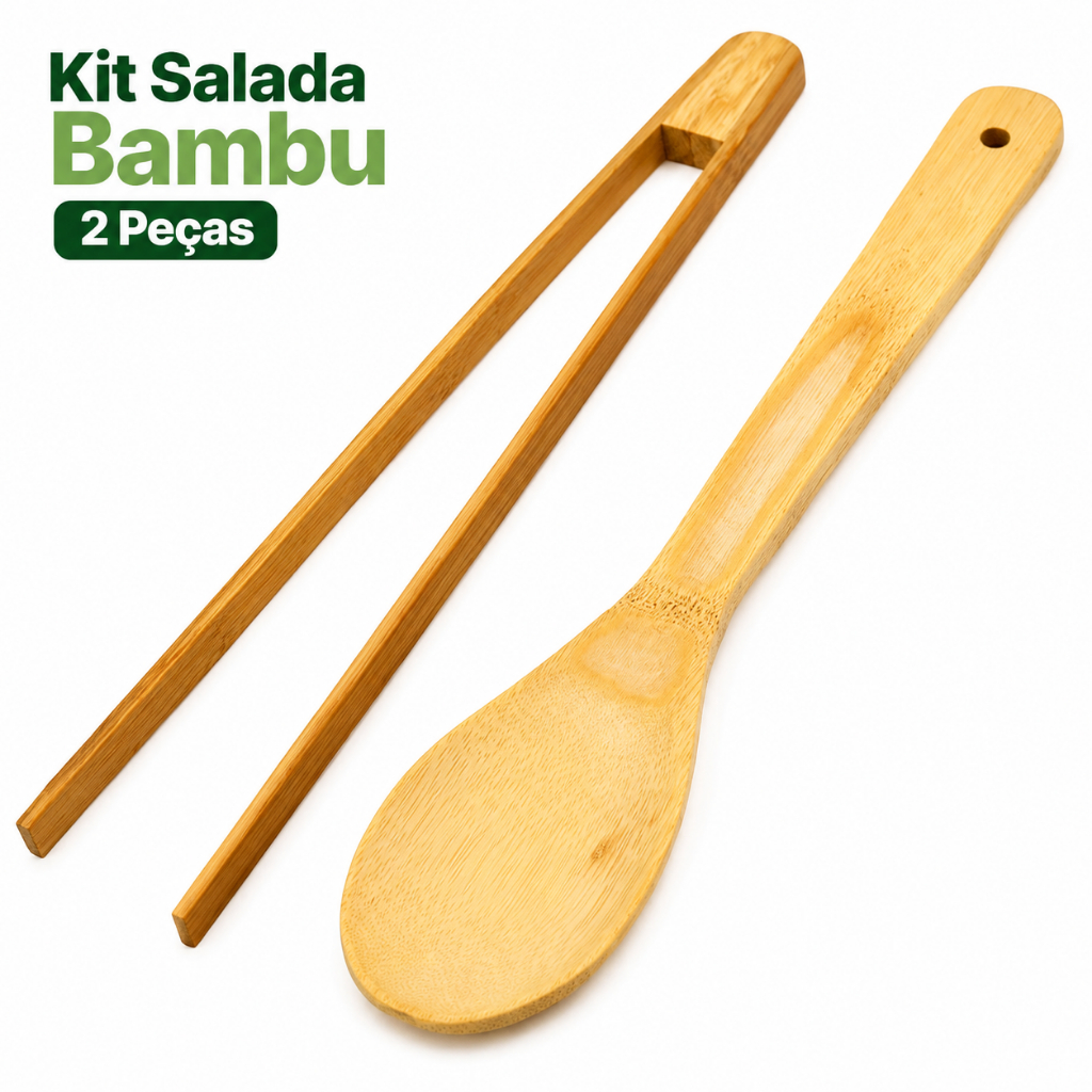 Kit Colher e Pegador Para Salada Bambu 2 Peças 30cm