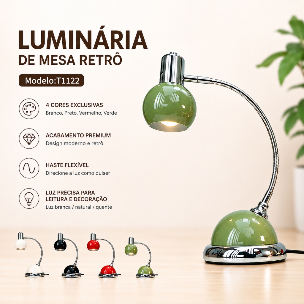 Luminária Mesa LED 5.5W Bivolt Retrô Vintage Haste Flexível 4 Cores Decoração Quarto Sala Escritório Leitura Econômica