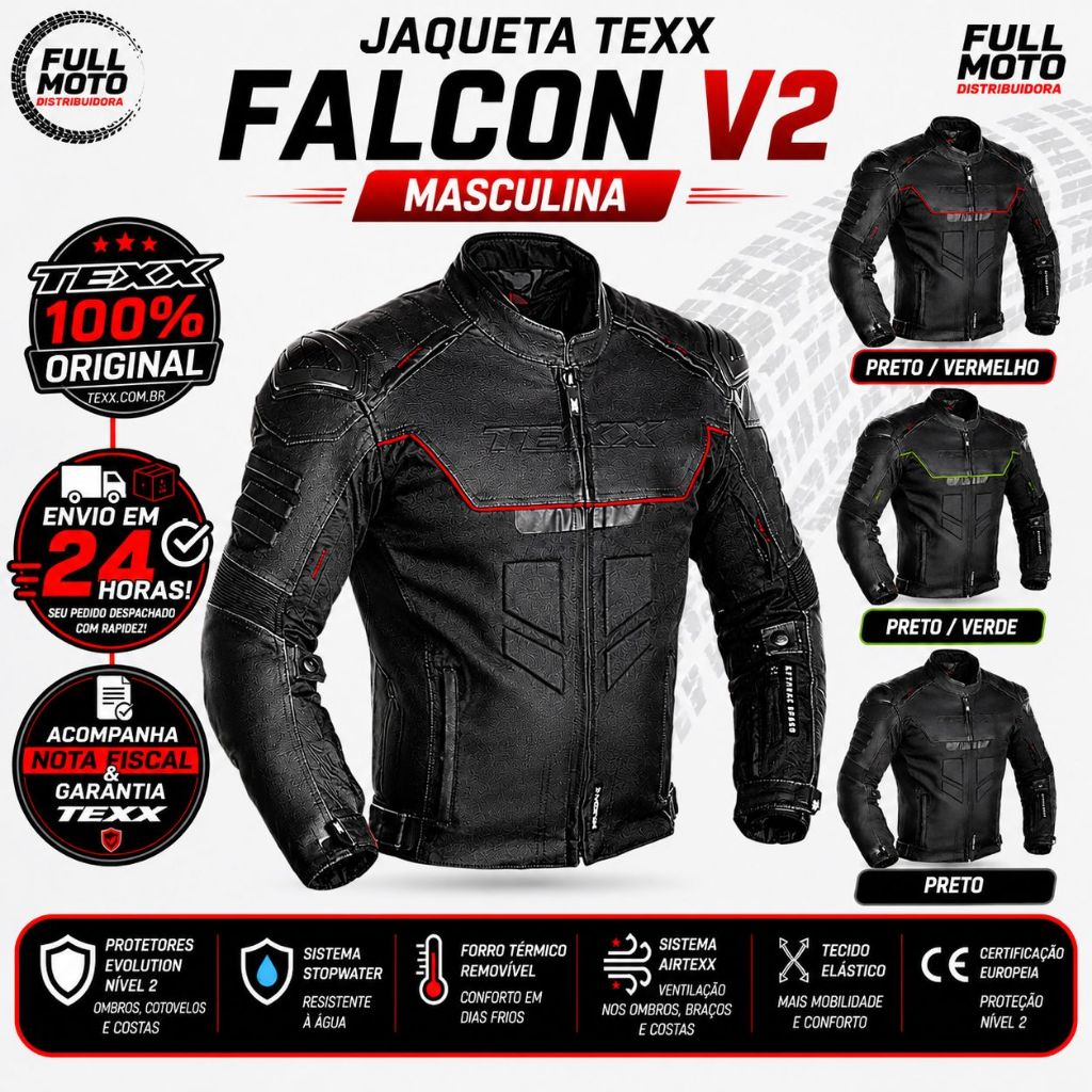JAQUETA TEXX FALCON V2 PRETA E VERMELHA MOTO MOTOCICLISTA