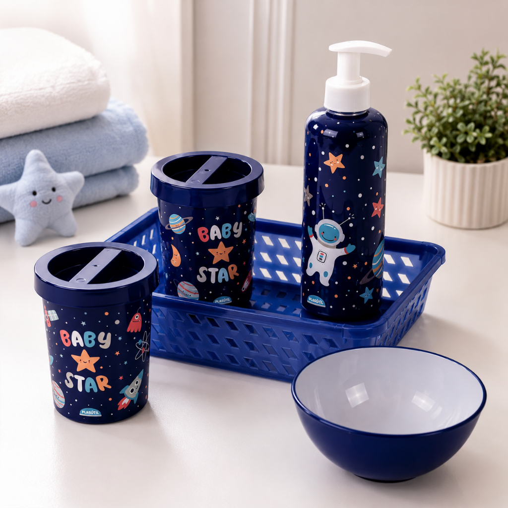Kit Higiene Bebê Azul Astronauta Plástico 5 Peças Menino Quarto Bebê Organização Decoração Cuidados Bebe Plasútil