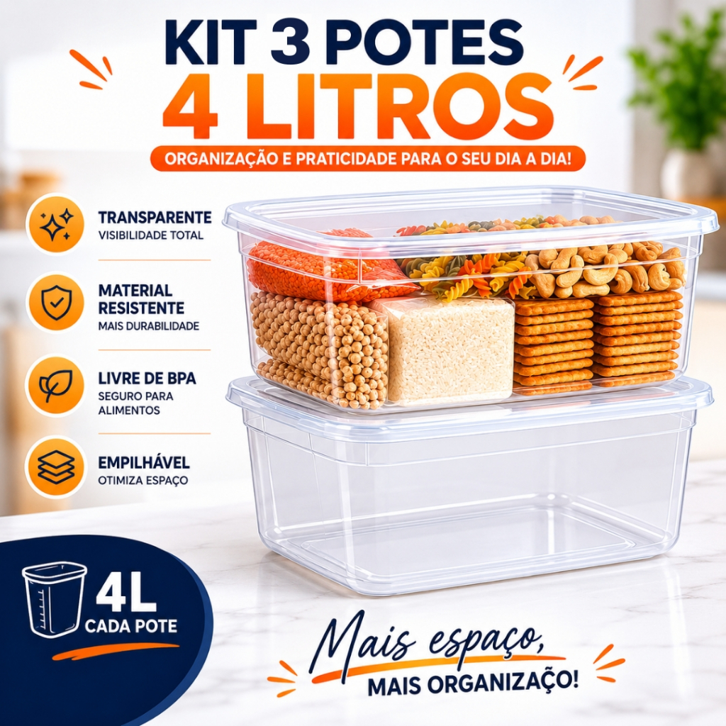 Kit 3 Potes Organizadores 4L Transparentes Retangular para Geladeira Freezer Microondas