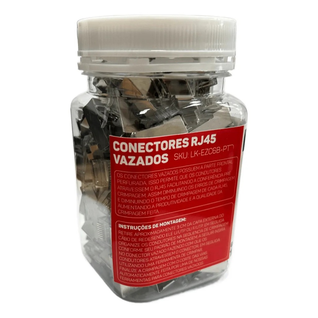 Conector RJ45 Cat6 Blindado Vazado Passagem 50 Pcs Link+ — imagem 2 de 2