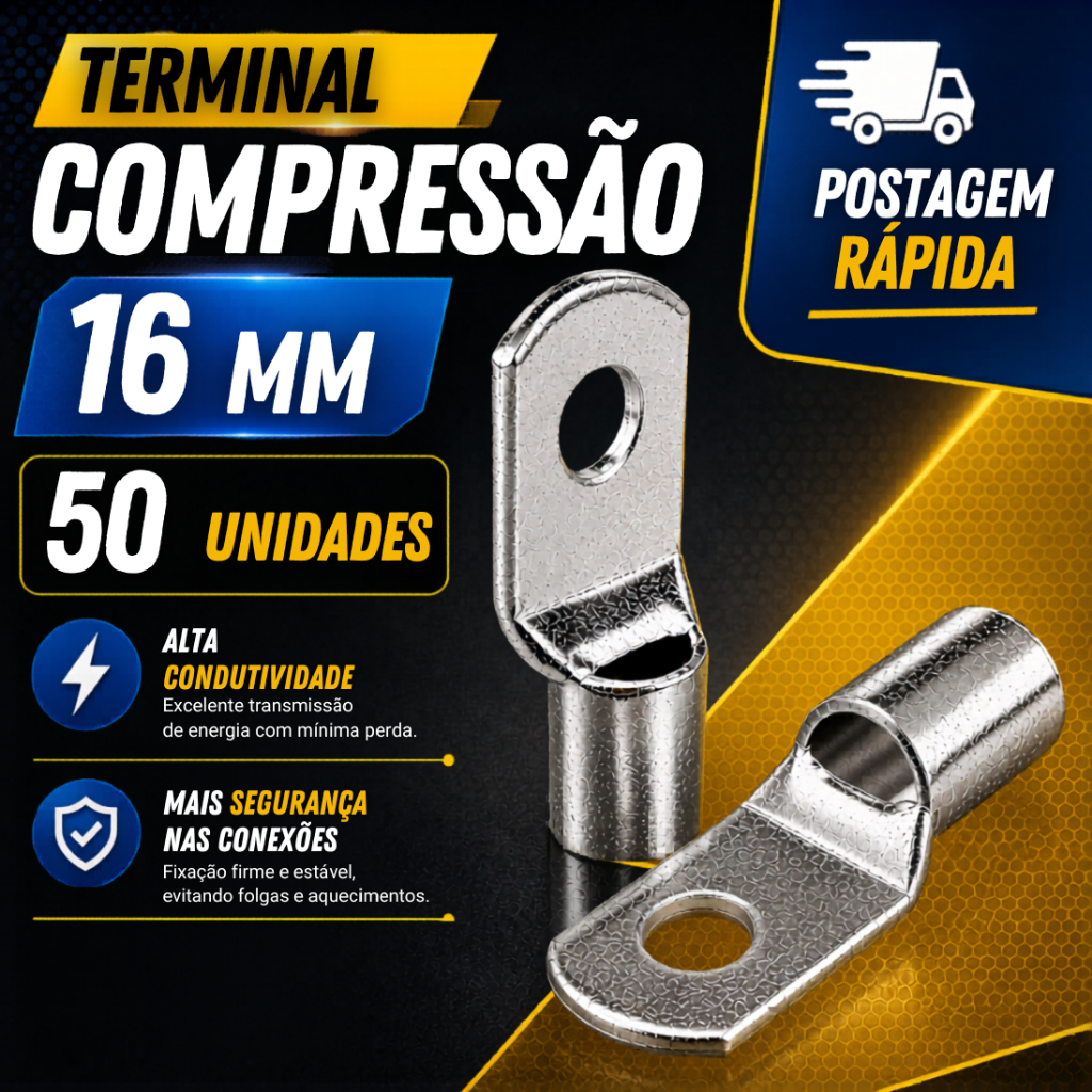 50 Terminal Compressão Olhal 16mm M8 , Argola Bateria Ponteira Conector Cabo 16mm