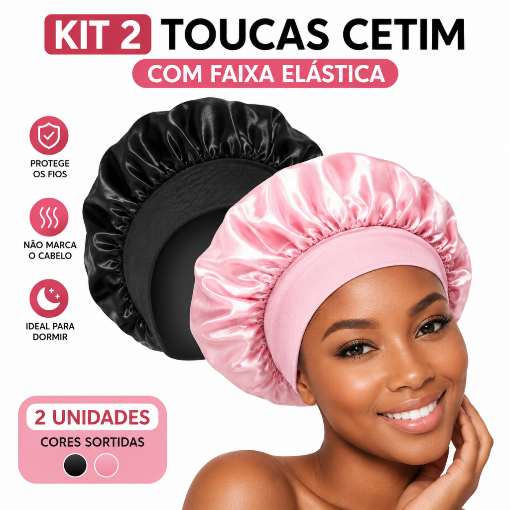 Kit 2 Toucas de Cetim com Faixa Elástica Larga Antifrizz Proteção Capilar Cores Sortidas