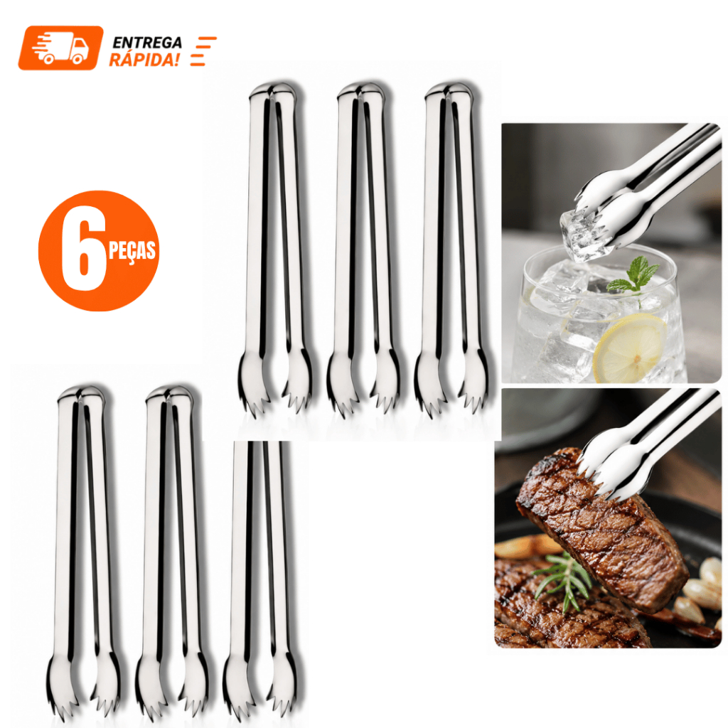 Kit Mini Pegador de Carne 12,5 cm 100% Inox Churrasco Gelo Fruta para Churrascaria Cozinha Restaurante Multiuso