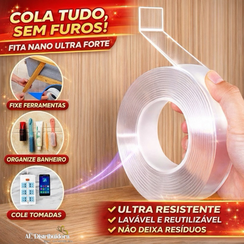 Fita Dupla Face Transparente Extra Forte Silicone NanoGel Adesiva Cola na Parede Móvel Porta