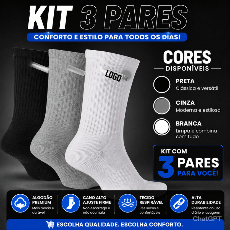 Kit Meias Esportivas Cano Alto Premium I Multimarcas [LOGO] I Conforto&Durabilidade I100%ALGODÃO I 2026